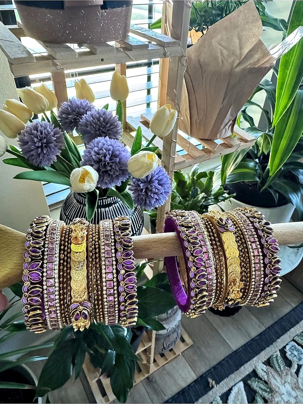 Indian Purple & Gold Embellished Bangles Set - thread and stones